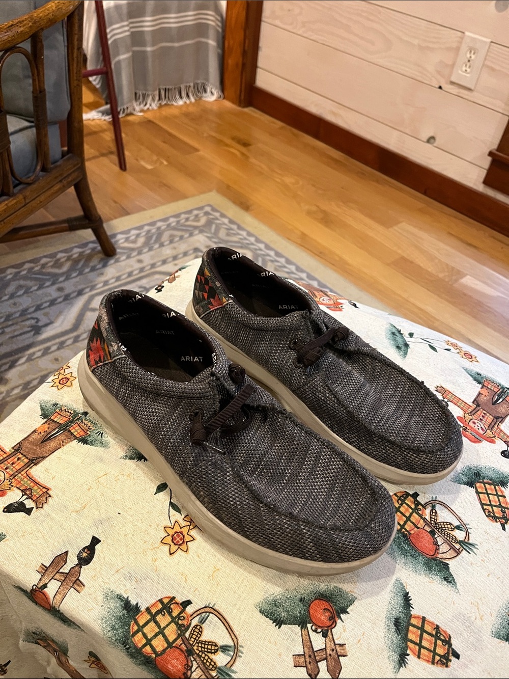 Ariat Men’s Dark Gray Textured Canvas Slip-On Loafers with Patterned Collar